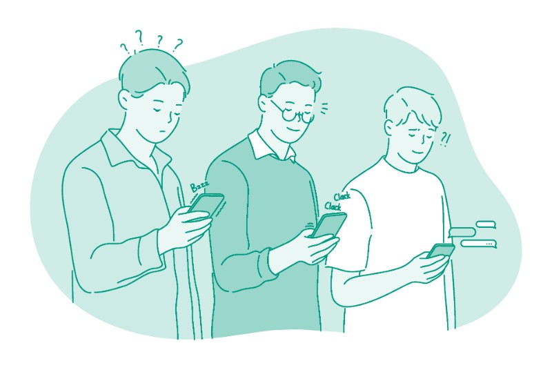 Vektorgrafik von drei männern mit smartphones