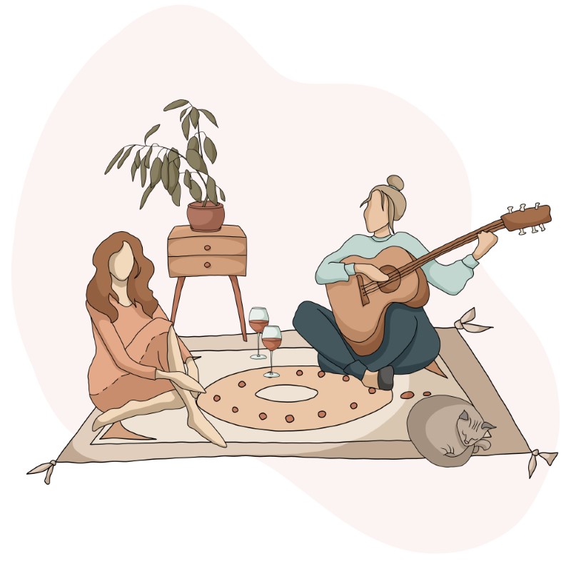 Vektorgrafik von zwei frauen, die auf einem teppich sitzen und wein trinken, während eine von ihnen gitarre spielt
