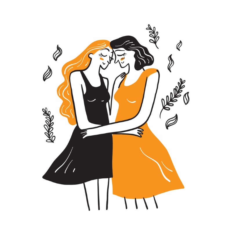 Zwei illustrierte bi-frauen, die sich gegenseitig umarmen