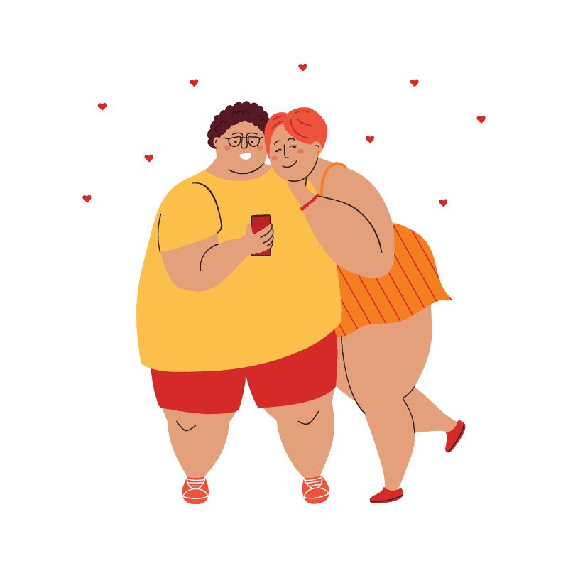 Illustration eines übergewichtigen paares, das auf das telefon des einen partners schaut