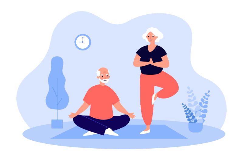 Illustration eines älteren paares, das gemeinsam yoga macht