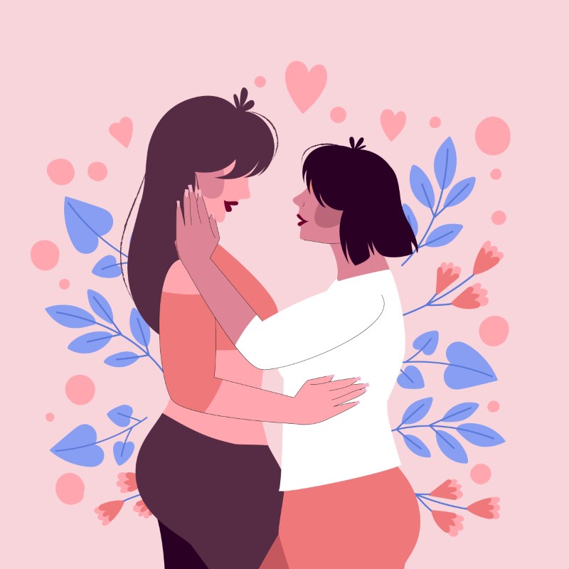 Vektorgrafik von zwei lesbischen frauen, die sich umarmen, während sie von blumen und herzen umgeben sind