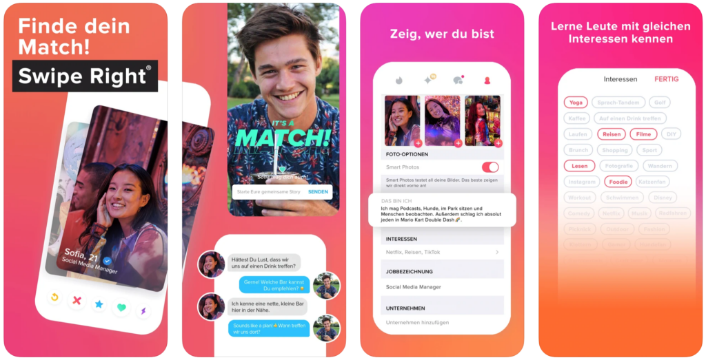 Tinder matching dating app screenshots